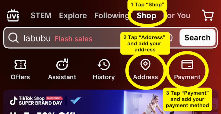 TikTok address and payment setup